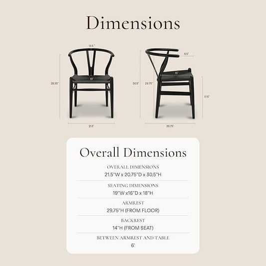 Poly & Bark Weave Dining Chairs – Mid-Century Modern Wishbone Dining Chairs with Arms, Solid Wood Frame, Indoor Use – Pitch Black – Single - Ideal for Dining Room, Kitchen or Stylish Accent Setting