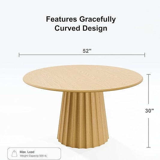 Casaphoria 52" Round Dining Table, Modern Wood Kitchen Table with Cone Shaped Strip Concave Base for Living Room & Dining Room, Easy Assembly Farmhouse Furniture for 4-6, Oak