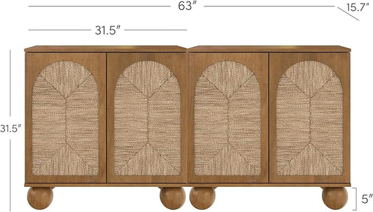Nathan James Leah Boho TV Stand or Sideboard Cabinet for Kitchen or Living Room with Ball-Style Feet, Natural Seagrass Door Fronts and Solid Wood Legs, Light Brown, Set of 2