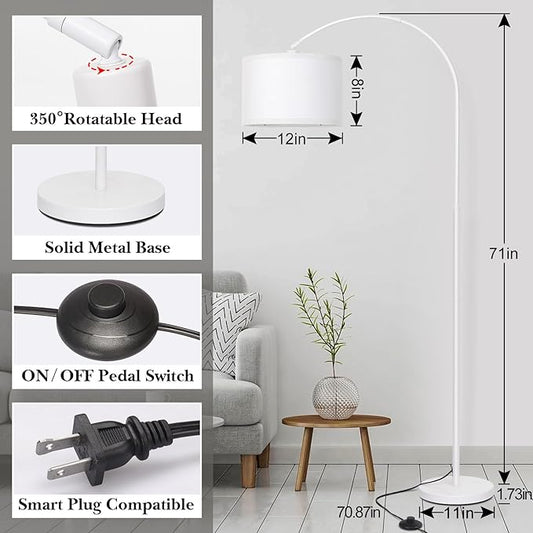 White Arc Floor Lamp, Modern Floor Lamp for Living Room with Adjustable Lamp Head, Tall Pole Standing Lamp with On/Off Pedal Switch, Over Couch Arched Reading Light for Bedroom, Office, Study Room