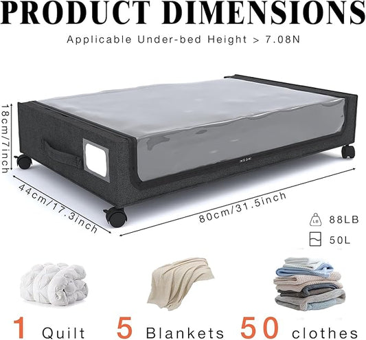 2-Pack Under Bed Storage with Wheels, Durable Metal Frame & 600D Oxford Fabric, Large Capacity for Clothes, Shoes, Toys. Clear Window Design, Home Storage Solution for Bedroom Furniture