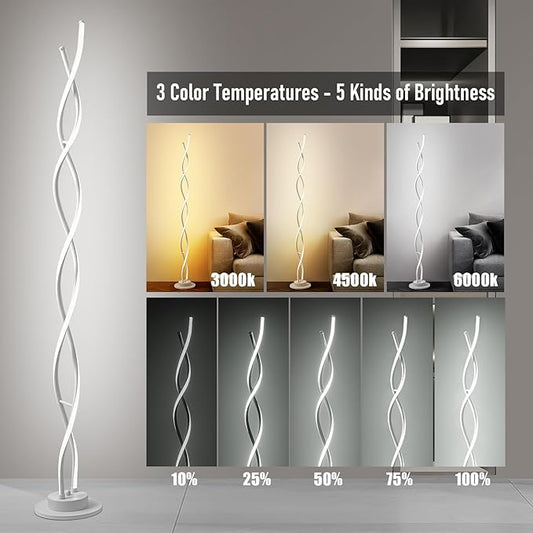 Floor Lamp, LED Modern Floor Lamps for Living Room, 2500LM-40W Lamp for Living Room 3Color Remote Dimmable Standing Lamp, 55" Spiral White Floor Lamp for Living Room Bedroom Office