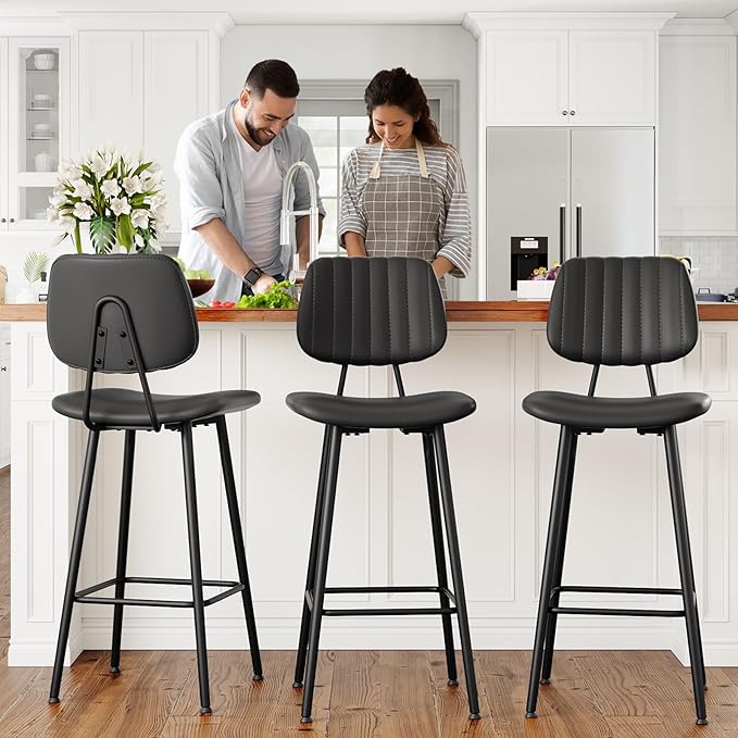 29-Inch Leather Bar Stools Set of 2, Counter Height Barstools with High Backrest,Bar Chairs for Kitchen Island with Heavy Duty Metal Legs, Black
