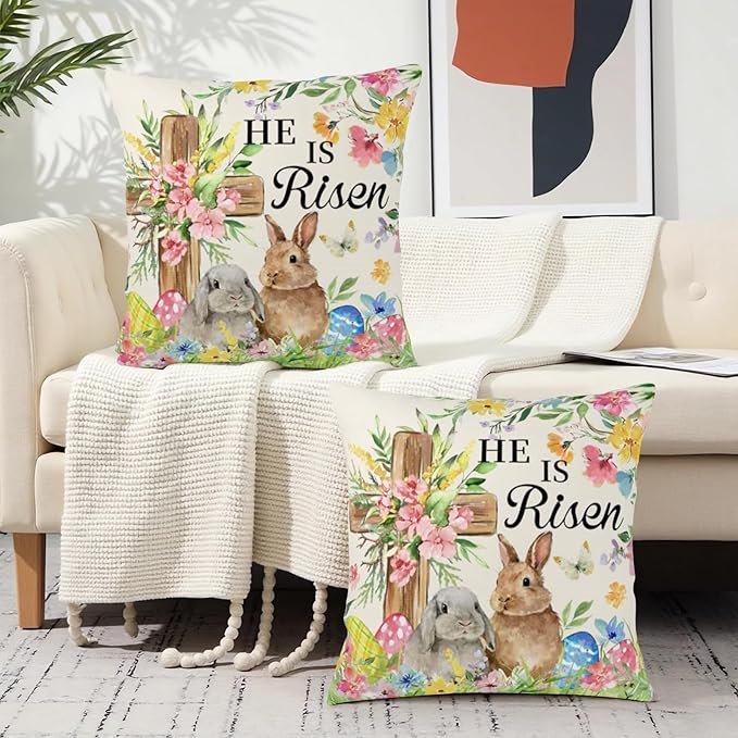 He is Risen Easter Bunny Pillow Covers 16x16 Set of 2 Bunnies Floral Cross Throw Pillows Spring Rabbits Colorful Eggs Outdoor Farmhouse Pillow Case for Couch Home Sofa Bed Porch Decor