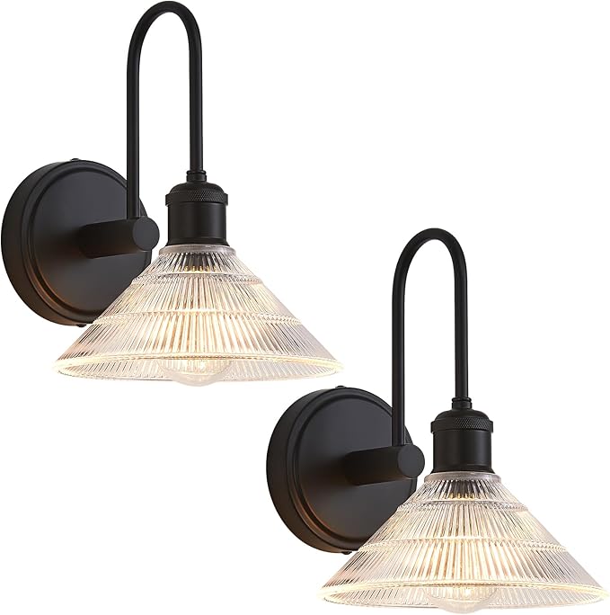 Wall Sconce Set of 2, Black Vintage Light Fixtures with Round Clear Glass Lampshade, Hardwired Sconces Wall Lighting for Bedroom, Bathroom, Living Room | Includes 2 LED Bulbs