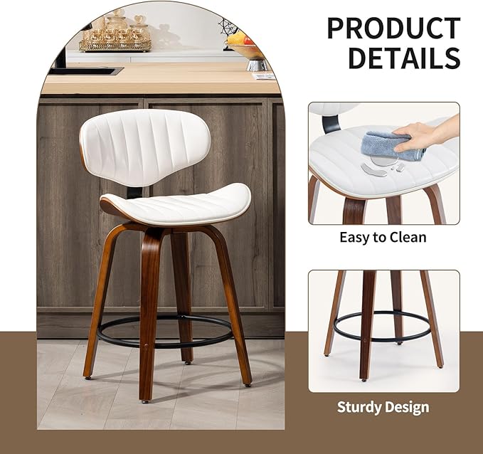 Counter Height Bar Stools Set of 3, 24 inch PU Leather Wooden Bentwood Barstools Swivel Modern Breakfast Bar Chairs with Backrest and Footrest for Kitchen Island, Dining Room D035-White-3