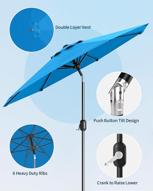 GarveeLife Outdoor Patio Umbrella, Table Market Umbrella with Push Button Tilt and Crank, 8 Sturdy Ribs UV Protection Waterproof for Garden, Deck, Backyard, Pool
