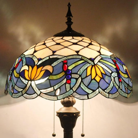 WERFACTORY Tiffany Floor Lamp Blue Lotus Stained Glass Flower Standing Reading Light 16X16X64 Inches Antique Pole Corner Lamp Decor Bedroom Living Room Home Office S220 Series