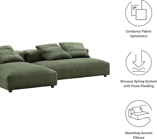 Modway Solace Modular Corduroy Sectional Sofa with Chaise in Fern - Comfy Corduroy Upholstered Deep Seat Sofa - Modern L-Shaped 2-Piece Sectional Sofa Set - 3 Seater Fabric Sofa for Living Room