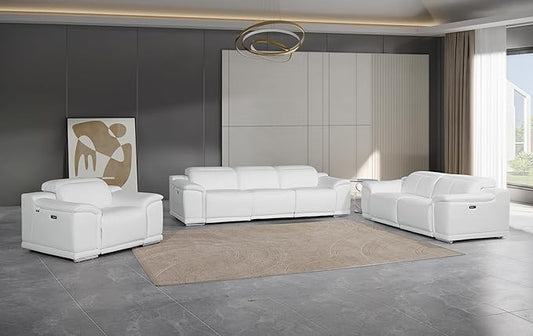 BlackJack Furniture Venice Top Grain Italian Leather Recliner 6 Seater 5 Power 3 Piece Sofa Set with Adjustable Headrests Modern Luxury Seating Sofa, Loveseat and Chair for Living Room Lounge, White