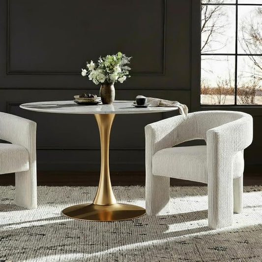 Meridian Furniture 975-T Holly Collection Modern | Contemporary Round Dining Table with Faux Marble Table Top and Rich Gold Base, 48" W x 48" D x 29.5" H