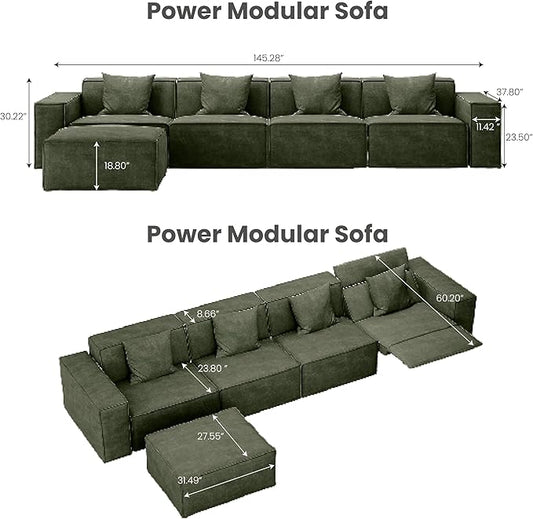 145" Power Sofa,Modular Sectional Couches for Living Room,Modern Large Sofa with Recliners,Comfy Velvet Cloud Couch with Deep Seat with 1 Ottoman,Pet Friendly,Free Combination for Home(Green)