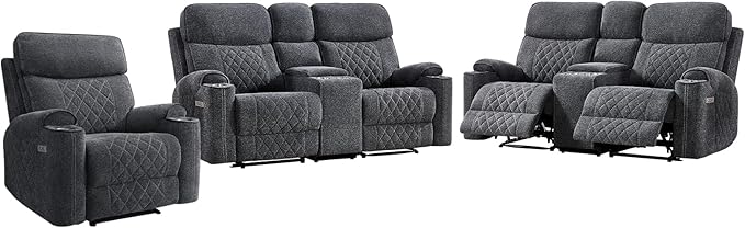 HAOMARKETS 3-Piece Recliner Sofa Set with Charging Port, Include Power Recliner Chair and 2 Electric 2-Seater Loveseat Reclining Couches with Hidden Storage and Cup Holders for Living Room, Dark Grey