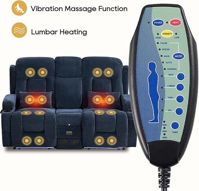 IPKIG Power Recliner Sofa with Flip-Up Backrest Console, USB & USB-C Ports, AC Outlet, LED Lights, Wall Hugger Recliners for Living Room, RV (Navy Blue, 67" - 3 Seat) | Velvet Fabric, Zero Gravity, Dual Reclining, 2 Lumabr Pillow, Bluetooth Speakers