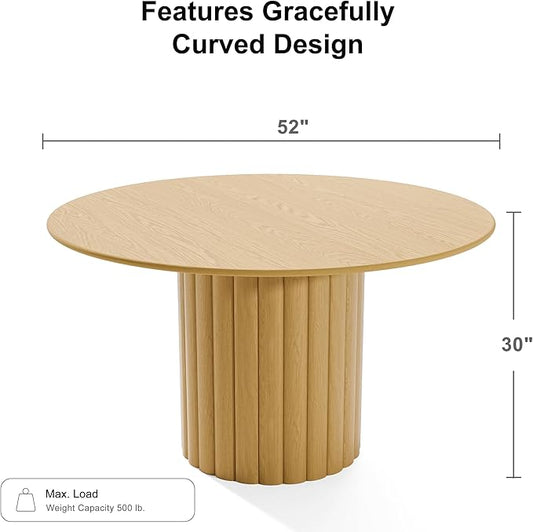 Casaphoria 52" Round Dining Table, Modern Wood Kitchen Table with Cylindrical Wide Bar Protruding Base for Living Room & Dining Room, Easy Assembly Farmhouse Furniture for 4-6, Oak