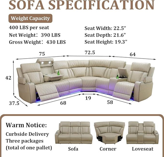 Power Reclining Sectional Sofa Set with LED Lights, Vegan Leather Recliner Sectional Couch for Living Room Furniture,Wireless Charging/USB Charging/Reading Lamp/Armrest Storage,Beige