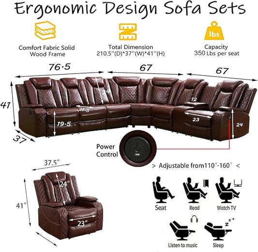 Power Reclining Sectional Sofa Set with LED, Living Room Furniture Sets, Leather Recliner Couch for Living Room/Home Theater, Sectional Couch and Chair with 3 Recliners, USB Port/Hide-Away Storage