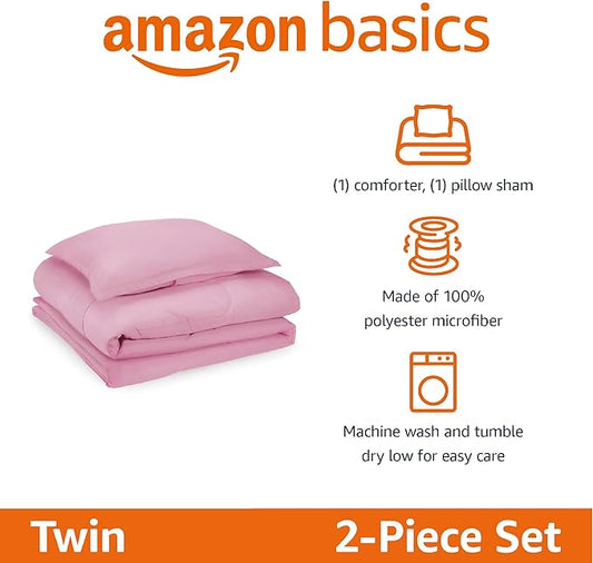 Amazon Basics 2-Piece Soft Microfiber Kid's Comforter and Pillow Sham Set, Twin, Light Pink, Solid
