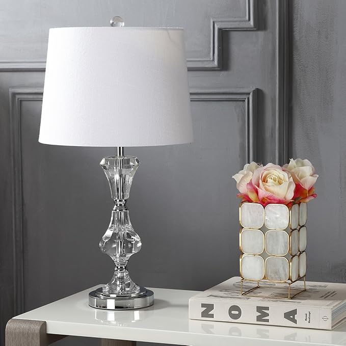 JONATHAN Y 25" Clear Crystal Table Lamp, Glam Traditional Faceted Glass Bedside Lamp for Living Room Bedroom, White Linen Shade, Chrome Accents, LED Bulb Included JYL2040A