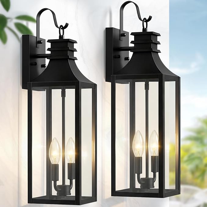 22" Large Outdoor Wall Lights, 2-Pack Black Porch Lights with Clear Glass, Waterproof Exterior Lighting Fixtures, E12 Socket Modern Farmhouse Wall Sconces Lantern for House Garage, Aluminum Frame