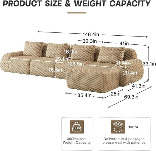KEIKI 146" Oversized 4-Seater Boneless Couches for Living Room, Deep Seat Modular Sectional Velvet Sofa L-Shaped, Cloud Soft Foam No Assembly Family Lounge Couch, Modern Comfort Design, Light Camel