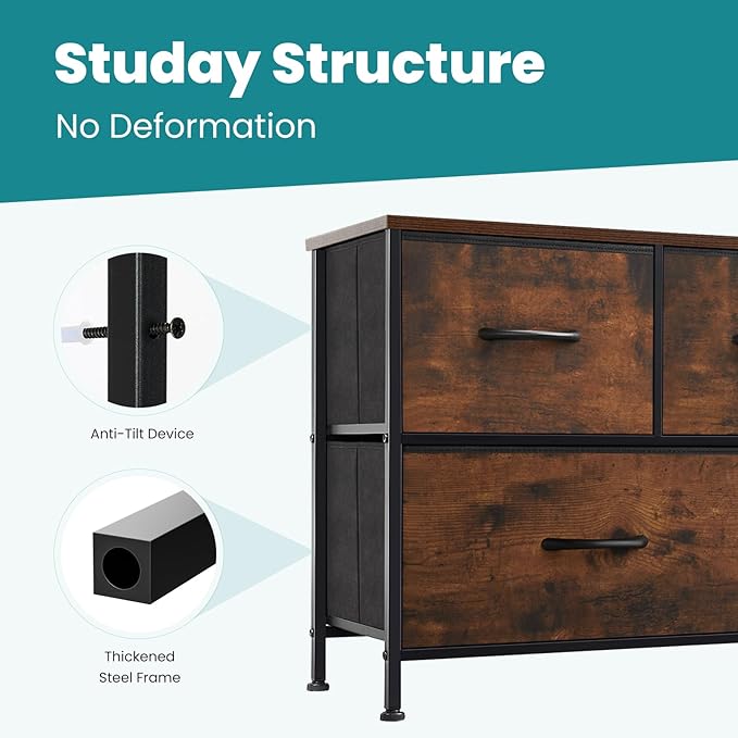 OLIXIS Dresser Nightstand for Bedroom, 5 Storage Drawers, Wide Fabric Closet Chests Organizer Furniture, TV Stand with Wooden Top Metal Frame for Clothes, Living Room, Entryway,Classic Rust Brown