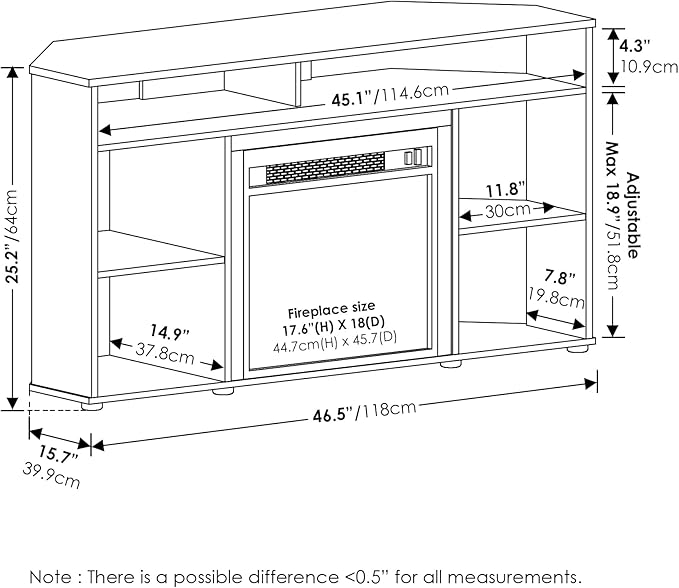 Furinno Jensen Fireplace TV Stand, Corner Entertainment Center, TV Console for TV up to 55 Inch with Fireplace, for Living Room, Bedroom, Flagstaff Oak