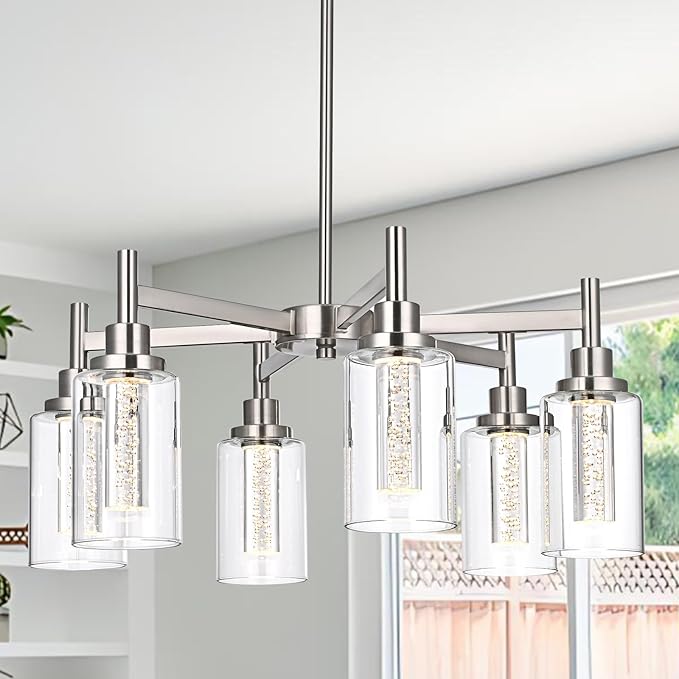 VINLUZ 6 Ceiling Light Industrial Chandelier Brush Nickel Pendant Lighting Hanging Fixture with Cylinder Clear Glass for Kitchen Bedroom Dining Room