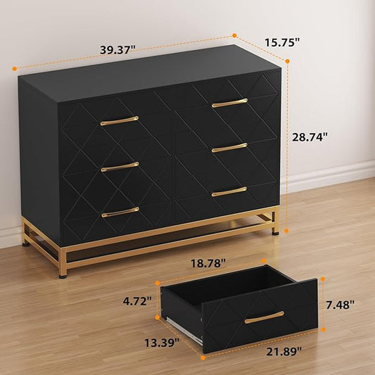 GarveeHome Black Dresser for Bedroom with 6 Drawers, Wood Chest of Drawers, TV Stand, Morden Dresser for Closet, Living Room, Hallway, Nursery