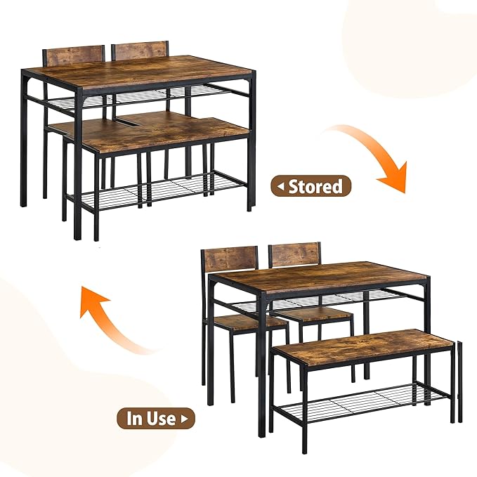 VECELO Kitchen Dining Room Table with 2 Chairs & Bench, Compact Space-Saving Design, Easy Assembly Steel Frame, Perfect for Small Apartments & Breakfast Nooks,Industrial
