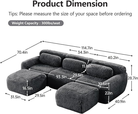 114.7" Modular Boneless Sofa, Modern Sectional Couch, U-Shape Boneless Couch for Living Room Apartments Bedroom, 32D High Density Sponge Lounge Sofa, No Assembly Required, Dark Grey