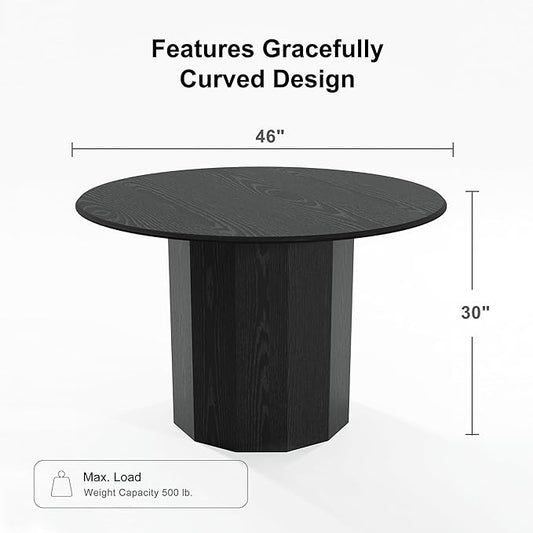 Casaphoria 46" Round Dining Table, Modern Wood Kitchen Table with Cylinder Polygonal Base for Living Room & Dining Room, Easy Assembly Farmhouse Furniture for 4-6, Black