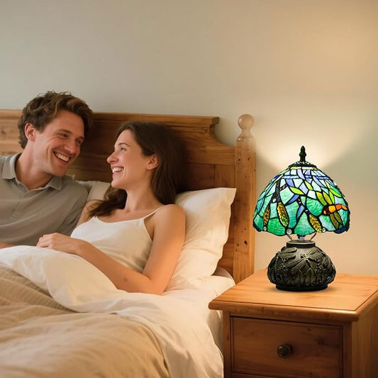 Small Tiffany Table Lamp,Stained Glass Lamp,8 Inch Mushroom Style Mini Vintage Desk Lights for Bedside, Bedroom,Nightstand,Living Room,3 Color Temperature (Wheat Ear Dragonfly)
