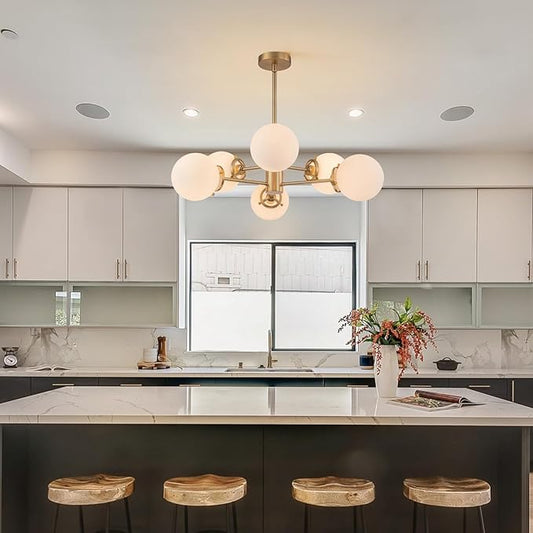 6-Lights Sputnik Chandeliers Gold Mid Century Modern Chandelier Fixture with Milk White Globe Glass, Dining Light Fixtures Ceiling Hanging for Living Room Bedroom Kitchen Island Foyer