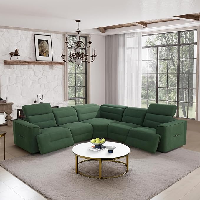 Power Recliner Sectional Sofa, L-Shaped Living Room Furniture Set, Flannel Sectional Sofa, Reclining Sectional Couch for Living Room/House/Apt (Green, 5 Seater)