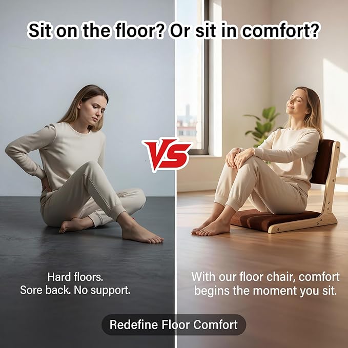 Tiita Foldable Tatami Chair, Japanese Floor Chair, Wood Legless Back Rest Chairs with Cushion, Accent Meditation Floor Chairs Bay Window, Wood Brown