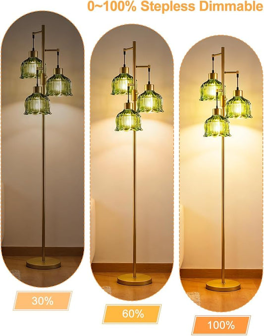 Lightdot 3-Light Floral Floor Lamp 65'' Dimmable Floor Flower Lamp with Green Glass Shade& E12 Bulbs Included, Mid Century Standing Tall Lamp for Living Room/Bedroom/Sofa Beside-Gold