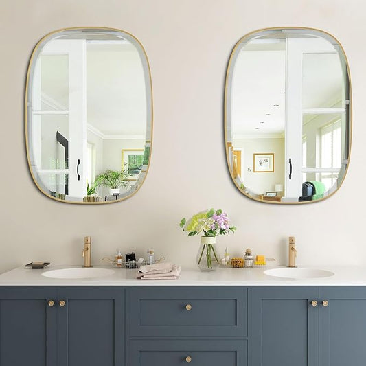 POZINO Bathroom Beveled Mirror, 24"x32" Brushed Gold Mirrors for Over Sink, Brass Rounded Rectangle Mirrors, Modern Vanity Wall Mirror in Premium Stainless Steel Frame, Horizontal or Vertical Hanging