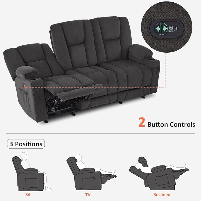 MCombo Zero Gravity 3 Seater Power Reclining Sofa, Heat and Vibration Massage, Recliner Couch for Living Room, Fabric 6035SET (Grey, 3 Seater)
