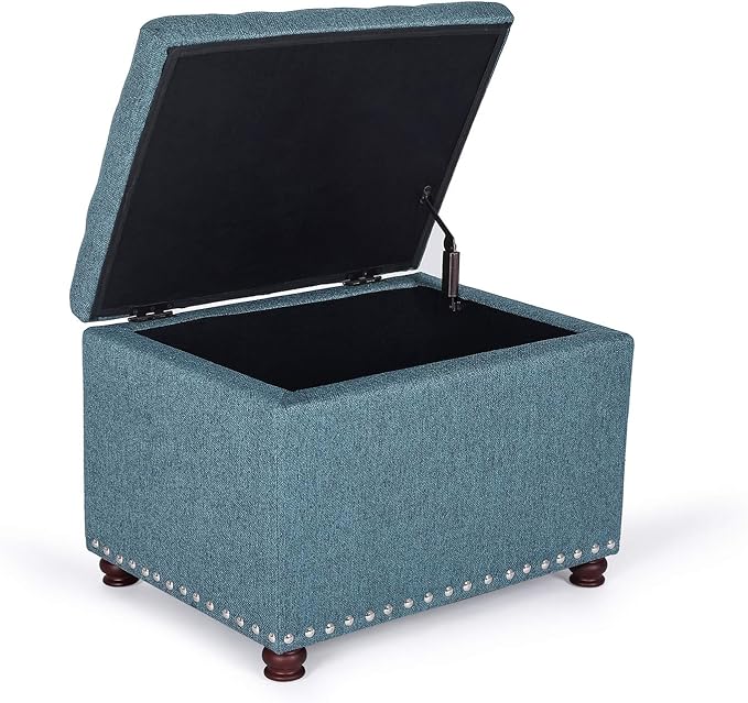 Adeco Rectangular Storage Ottoman Foot Rest Stool, Fabric Button Tufted Storage Ottoman with Hinged Lid (Cyan)