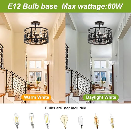 Rustic Semi-Flush Mount Ceiling Light Fixture,3-Light E12 Base Black Round Farmhouse Metal Light Fixtures for Kitchen, Hallway, Living Room, Industrial Style with Deer, Bear, Tree Design -Frame