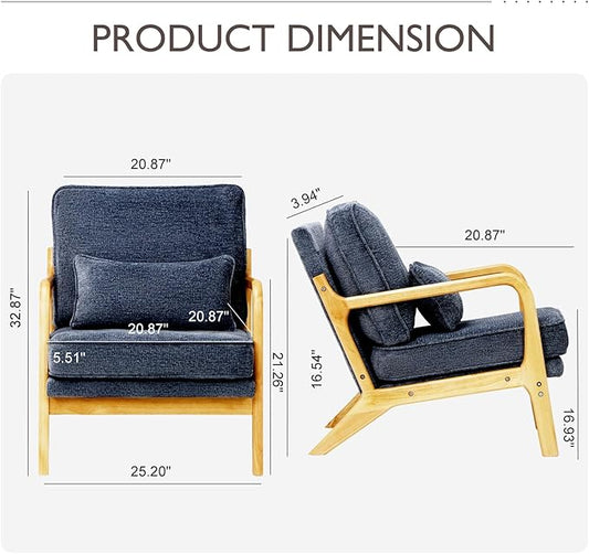 Modern Accent Chair Set of 2 with Lumbar Pillow, Relaxing Mid Century Chair Armchair with Solid Wood Frame & Soft Cushion, Reading Leisure Armchair for Living Room, Blue