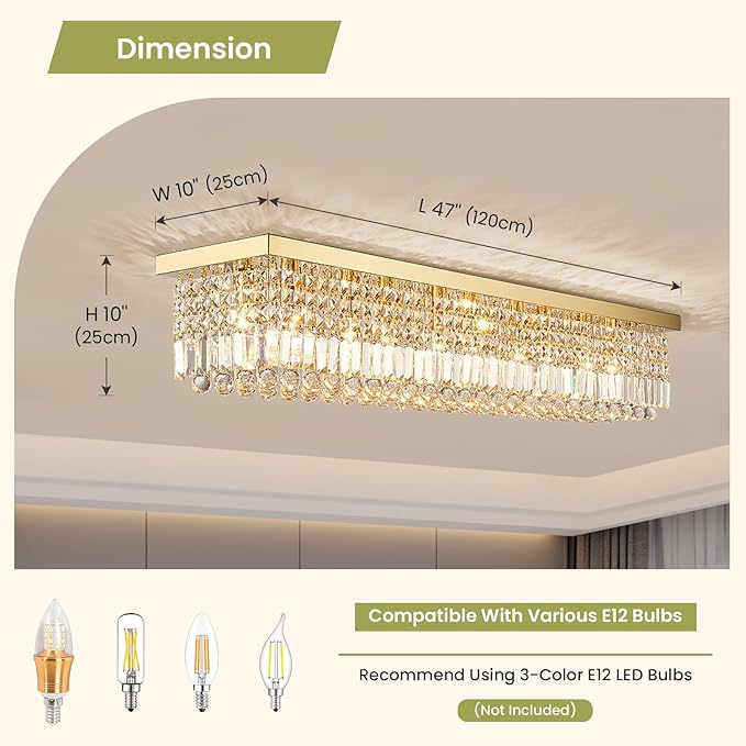 Siljoy 10-Light Modern Crystal Chandelier, Luxury Gold Rectangular Flush Mount Ceiling Light, Large Rectangle Raindrop Chandelier for Living Dining Room Kitchen Island Bar L47'' x W10'' x H10''