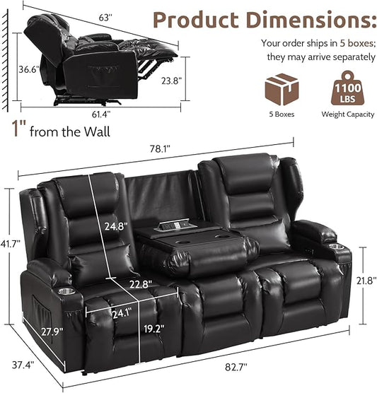 SAMERY Power Loveseat Recliner Sofa, Wall Hugger Reclining Loveseat Sofa, Movie Home Theater Seating with Flip-Backrest, Solid Wood Top, Ambient LED Lights, USB-C, Outlets, Faux Leather, Black | Extra Wide Seat