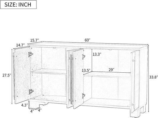 Ball & Cast 60“ Sideboard Buffet Cabinet with Storage,Traditional Coffee Bar Cabinet with 4 Doors and Adjustable Shelves,Wood Side Board Table with Long Gold Handles or Living Room, Kitchen,Navy