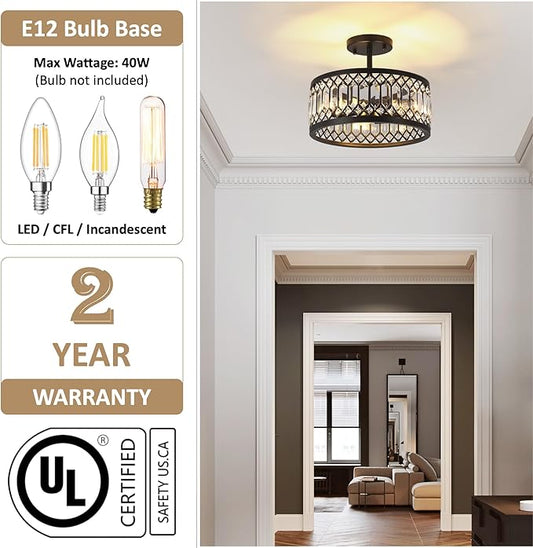 12.6" Crystal Semi Flush Mount Ceiling Light Fixture, 3-Light Antique Black Hallway Light Fixtures, Round Chandelier for Bathroom Entryway Closet Bedroom Kitchen Dining Room