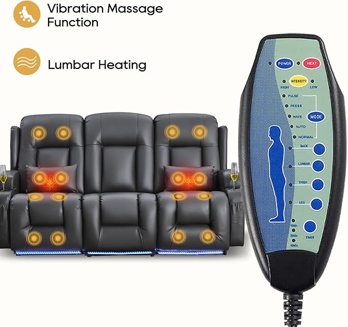 IPKIG Power Recliner Sofa with Flip-Up Backrest Console, USB & USB-C Ports, AC Outlet, LED Lights, Wall Hugger Recliners for Living Room, RV (PU Grey, 76.8" - 3 Seat) | Faux Leather, Zero Gravity, Dual Reclining, 2 Lumabr Pillow