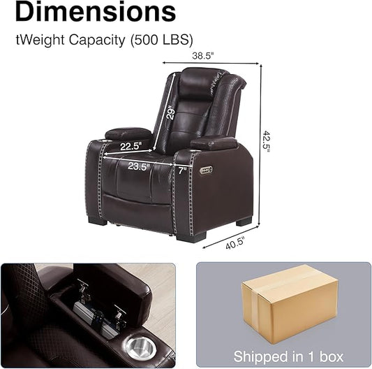 THSUPER Brown Leather Power Theater Recliner Chair with Arm Storage and LED Lights, Reclining with Power Headrest and Cup Holders for Living Room Furniture. Brown Chair