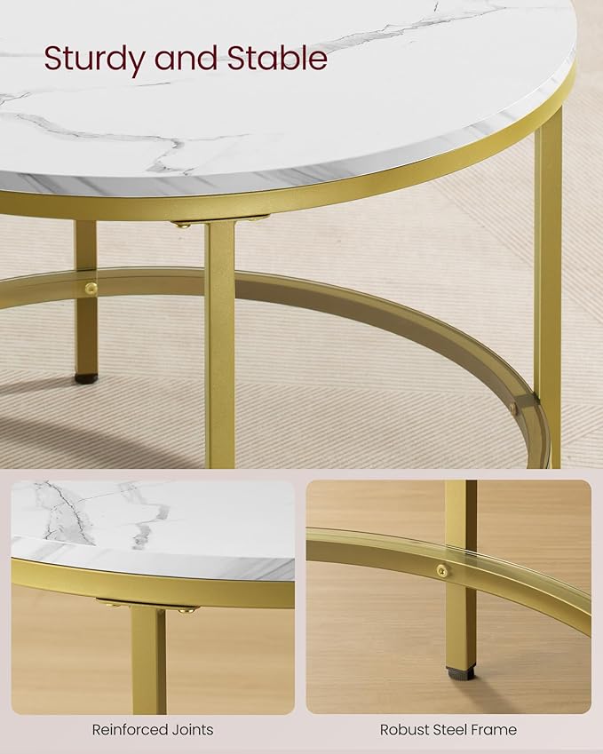VASAGLE Round Coffee Table, 2-Tier Small Coffee Table with Faux Marble Top and Glass Shelf, Modern Style, for Living Room, 25.6 x 25.6 x 18.1 Inches, Marble White and Pale Gold ULCT072W59