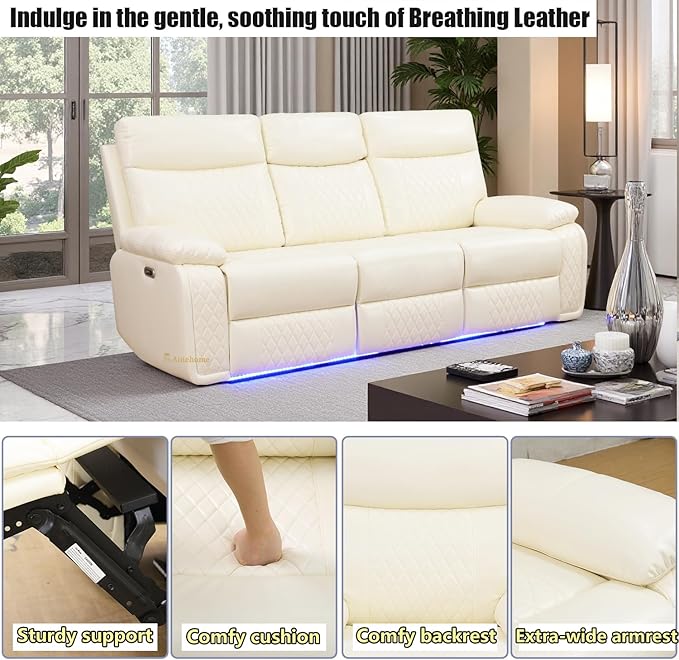 A Ainehome Power Recliner Sofa Couch with LED, Breathing Leather Reclining Couches, Living Room Furniture Sets, Recliner Furniture with Coffee Table/Cup Holders/Charging for Living Room
